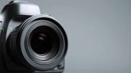 Close up camera lens on gray studio background, professional photography gear for content creation and product shoots, clean minimal mood for World Photography Day