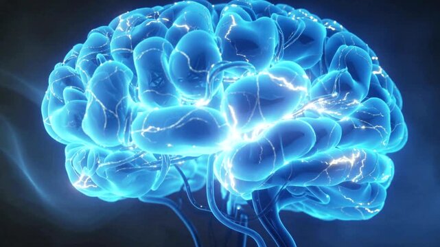 Abstract digital brain made of glowing neural connections and data streams in the dark