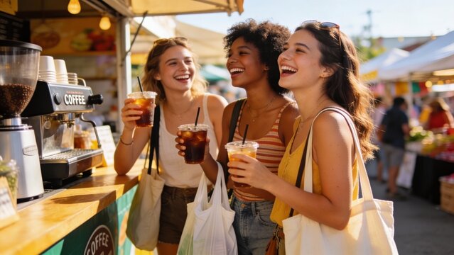 Three young women of mixed ethnicity laugh with iced coffee at outdoor market cafe, candid friendship moment, summer street food vibe, social media lifestyle content
