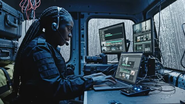 Focused and determined, a tech expert interprets vital storm data inside a mobile weather station as rain pours outside. Her expertise shines through even in tough conditions.