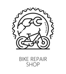 Bicycle repair service line icon or sign. Cycle repair technical center outline symbol, mechanic workshop vector pictogram. Bicycle repair service sign with bike gear wheel and wrench tool in hand
