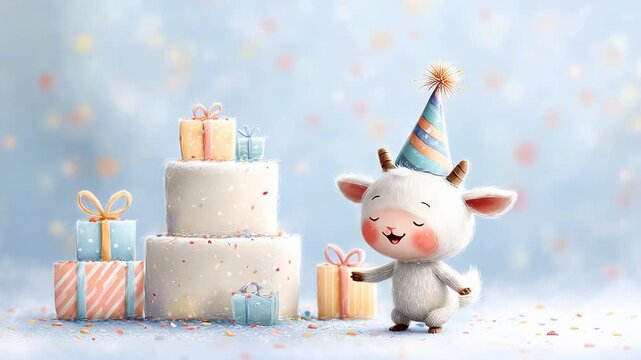 Adorable goat celebrating birthday with cake and gifts in festive atmosphere
