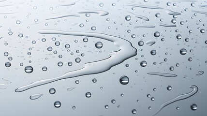 Close up of shiny clear water drops and larger puddles on a smooth light gray surface showing reflections and a fresh clean mood