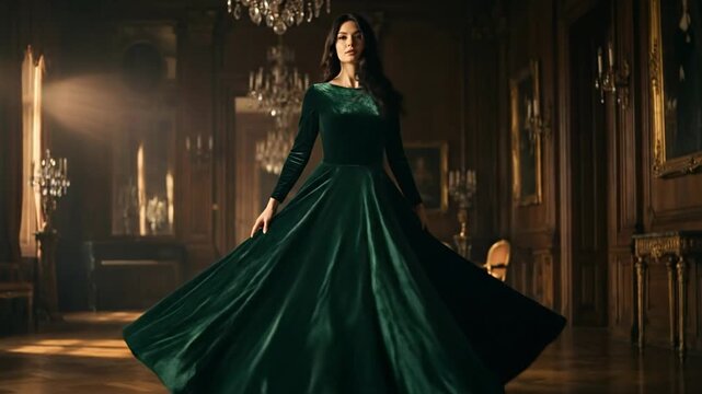 Graceful woman with long dark hair spinning in a luxurious green velvet dress, her skirt flowing elegantly in a grand ballroom with ornate chandeliers and classic wooden paneling