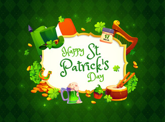 Naklejka premium Happy st Patrick day holiday greetings frame with leprechaun hat, shamrock or gold coins Irish flag, drum and harp, cupcake and mug of green beer. Cartoon vector festive and cheerful congratulation