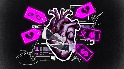 Torn heart with neon tags symbolizing broken relationships and financial loss