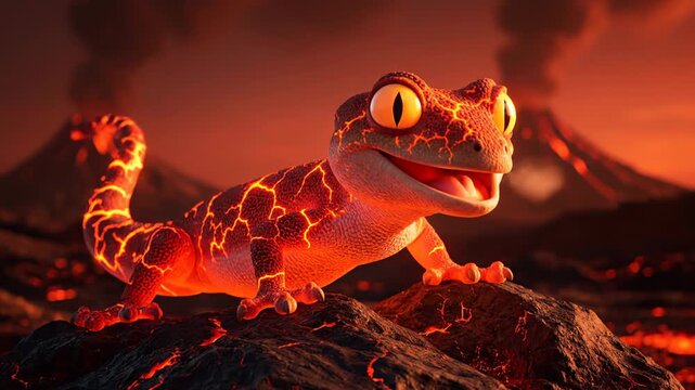 A creature, resembling a lizard, glows with fiery lava patterns amidst volcanic landscape