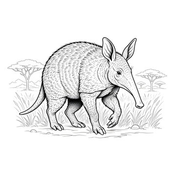 Aardvark Walking in Savanna Line Art - Realistic African Anteater Wildlife Vector
