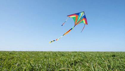 A vivid, multi-panel kite with a long trailing streamers in a field of low crops or grass, HD and 4k image