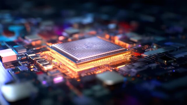 Glowing computer processor chip mounted on  futuristic electronic circuit board with dark