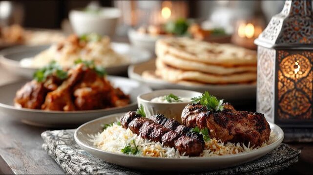 Ramadan iftar main dish set with chicken biryani grilled kebabs and flatbread served family style in warm lantern lit evening with communal Muslim family atmosphere, 4k video footage