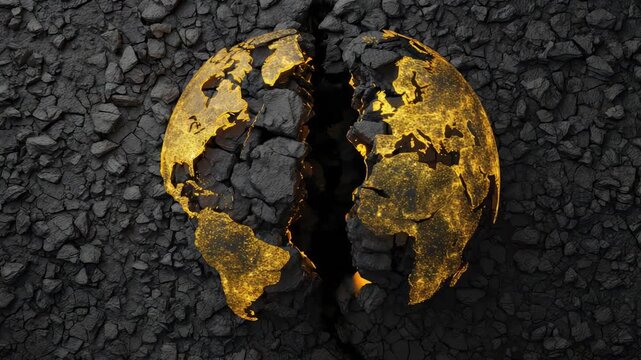 Glowing cracked earth globe halves emerging from dark rough cracked ground texture