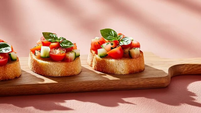 Fresh bruschetta with cherry tomatoes, cucumber, and basil on rustic wooden board
