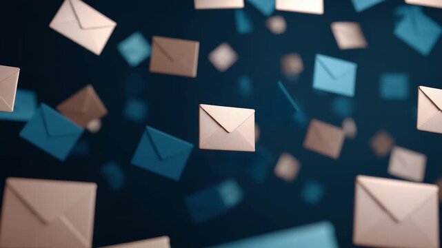 Digital communication concept shows many floating 3D envelopes against  dark blue