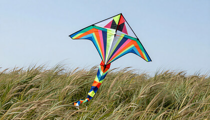 A multicolor diamond kite with a striped tail flying above tall, light-brown grass under a pale blue sky, 32K Resolution