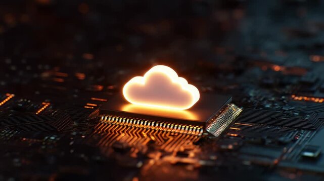 Glowing cloud computing symbol resting on  microchip surface with illuminated circuit board trails