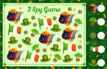 Fototapeta premium I spy game worksheet with st Patrick day characters. Vector kids educational riddle activity featuring festive elements like pot of gold, rainbow, leprechaun hat, shamrock, Irish flag and gold coins