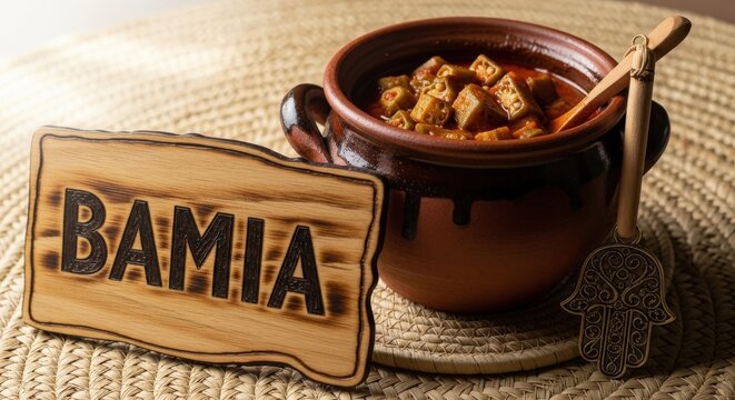 Traditional Egyptian Bamia Okra Stew in Clay Pot on Sabah Mat with Brass Khamsa