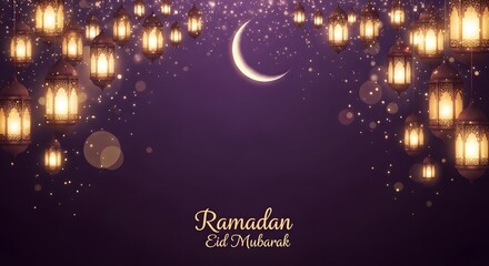 A beautiful purple background with glowing lanterns, a crescent moon, and "Ramadan Eid Mubarak" text, celebrating Islamic holy month.