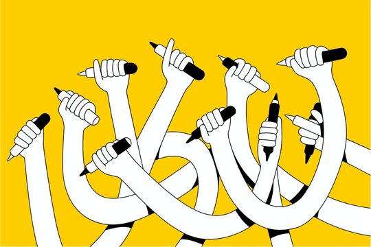 Multiple hands holding pens and markers reaching up on yellow background representing collective creativity and unity