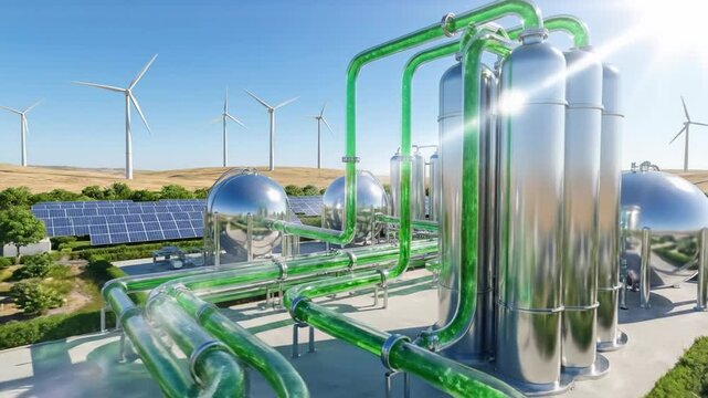 Renewable energy plant producing green hydrogen from solar and wind power, showcasing a sustainable fuel source for a clean and ecological future with zero emissions and advanced technology