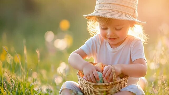 Joyful child celebrating easter with colorful eggs in sunny meadow