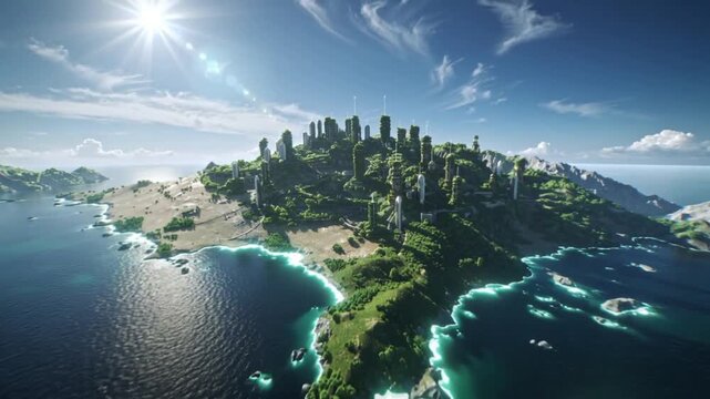 AI, Hyperrealistic planet view, slow zoom into a utopian green city on a tropical island