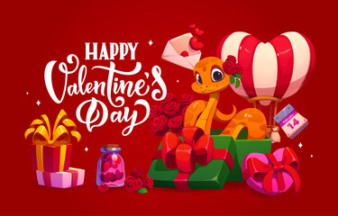 Naklejka premium Happy Valentine day greeting card featuring a cute orange snake with roses, gifts, heart balloon, love letter, and February 14 calendar. Vector festive, bright, playful and romantic holiday banner