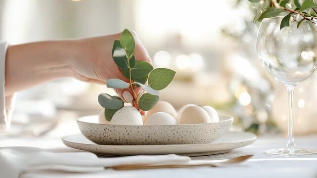Elegant table setting with hand placing eucalyptus next to white eggs in soft natural light