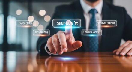 Obraz premium Hand of Businessman Touching E commerce Button Interface for Delivery and Shopping Business Concept