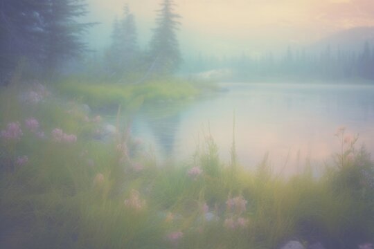 Dreamy peacful mist lake background outdoors nature forest.