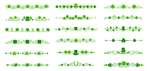 Clover dividers and borders with St Patrick day green shamrocks and hats, vector decorations. Irish ornament with shamrock trefoil clovers and leprechaun hats for Saint Patrick holiday frame borders