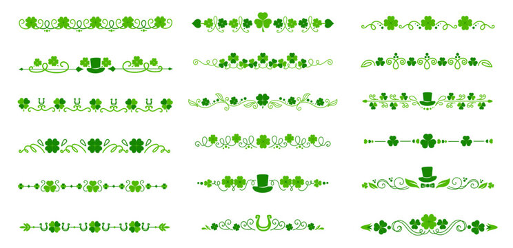 Clover dividers and borders with St Patrick day green shamrocks and hats, vector decorations. Irish ornament with shamrock trefoil clovers and leprechaun hats for Saint Patrick holiday frame borders