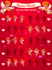 Naklejka premium Find the correct shadow of Valentine cherub cupids. Vector silhouette matching game for kids. Puzzle activity with cartoon angels with bow, letter, torch, harp or trumpet on red background with hearts