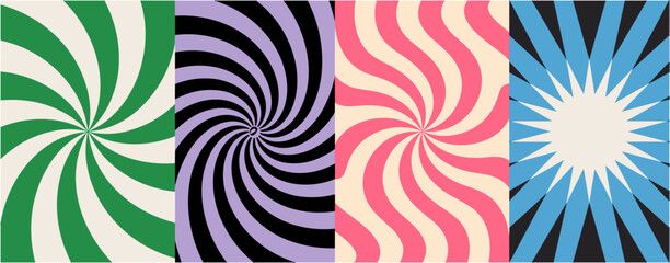 Fototapeta premium Set of retro psychedelic swirl backgrounds featuring green purple pink and blue wavy patterns for vintage designs