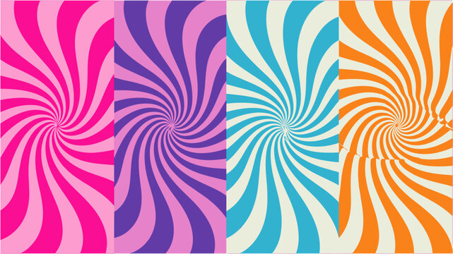 Groovy retro swirl background panels featuring vibrant pink purple blue and orange spiral patterns for modern prints