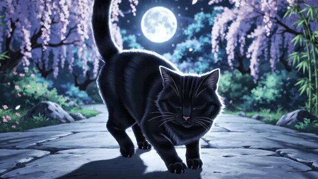 Mystical Black Cat on a Moonlit Path Through a Magical Wisteria Forest.