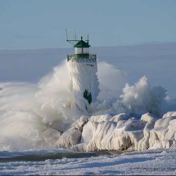 Vereister Leuchtturm bei extremem Wintersturm. Schnee, Eis und eingefrorene Fl&auml;chen bei arktischer K&auml;ltewelle. Dramatische Naturgewalt, raues Klima, Isolation und extreme Wetterbedingungen.