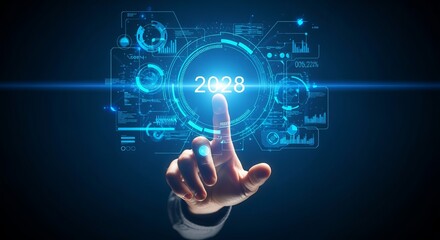 Visionary Focus Human Hand Interacting with 2028 Hologram, Showcasing Future Technology Innovations