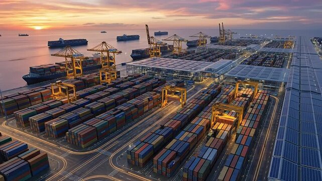 Industrial cargo port with container ships. Moving cranes and autonomous trucks operating from day to night. Vast solar panels on the rooftops highlight the concept of sustainable energy in logistics