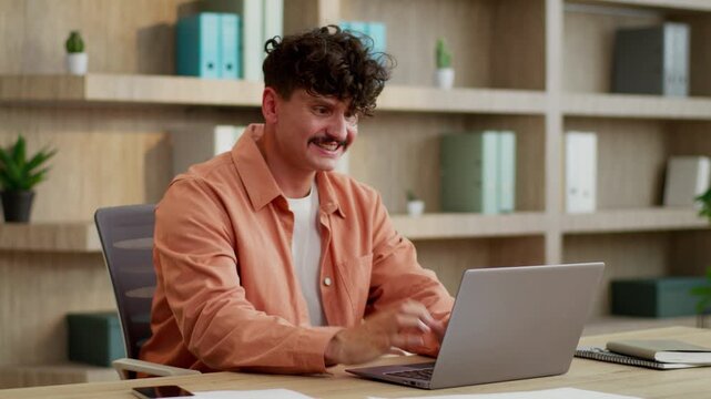 Stressed business man Caucasian businessman typing laptop working computer unsaved data online failure feeling anger guy male worker angry internet fail irritated annoyed work job problem in office