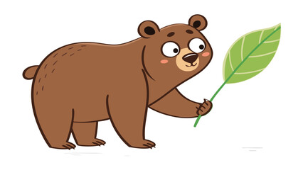 Cute brown bear holding green leaf with surprised expression