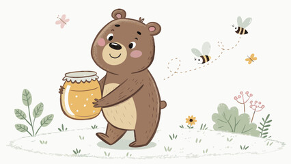 Cute bear holding honey jar surrounded by happy bees in garden