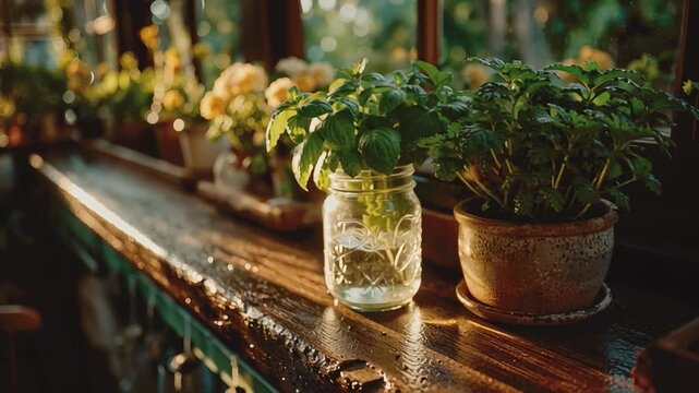 Green Garden Delight: A charming, sun-drenched scene showcasing an array of flourishing green plants and vibrant yellow blooms, artfully arranged on a weathered wooden surface.