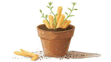 Vibrant illustration of French fries growing in a terracotta pot with green shoots