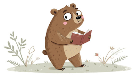 Cute bear reading book in natural outdoor setting