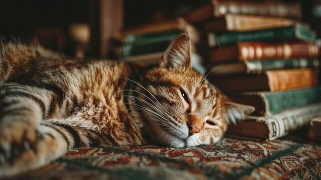 Cozy cat and old books: A content cat rests serenely atop a patterned surface, surrounded by a stack of old books, bathed in a warm, inviting light.