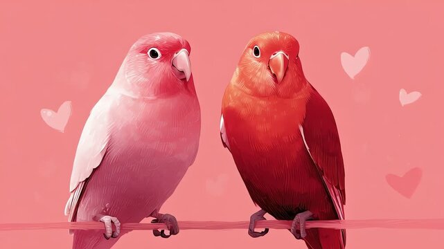 Romantic lovebirds digital illustration on pink background with hearts