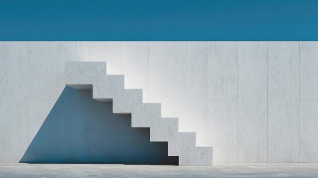Ascending Steps: A minimalist architectural composition featuring clean lines and a set of ascending stairs against a stark, modern backdrop of concrete and sky. 