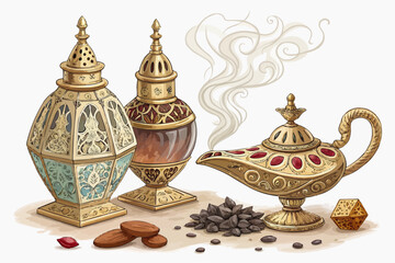 Arabic perfume bottles and incense burners with spices and smoke on a white background
